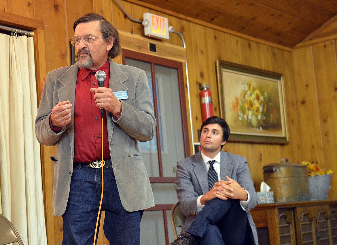 Joe Read, who represents HD 93, addresses the crowd at Monday's Legislative Forum near Polson, moderated by Tom Spencer (right). (Kristi Niemeyer/Lake County Leader)