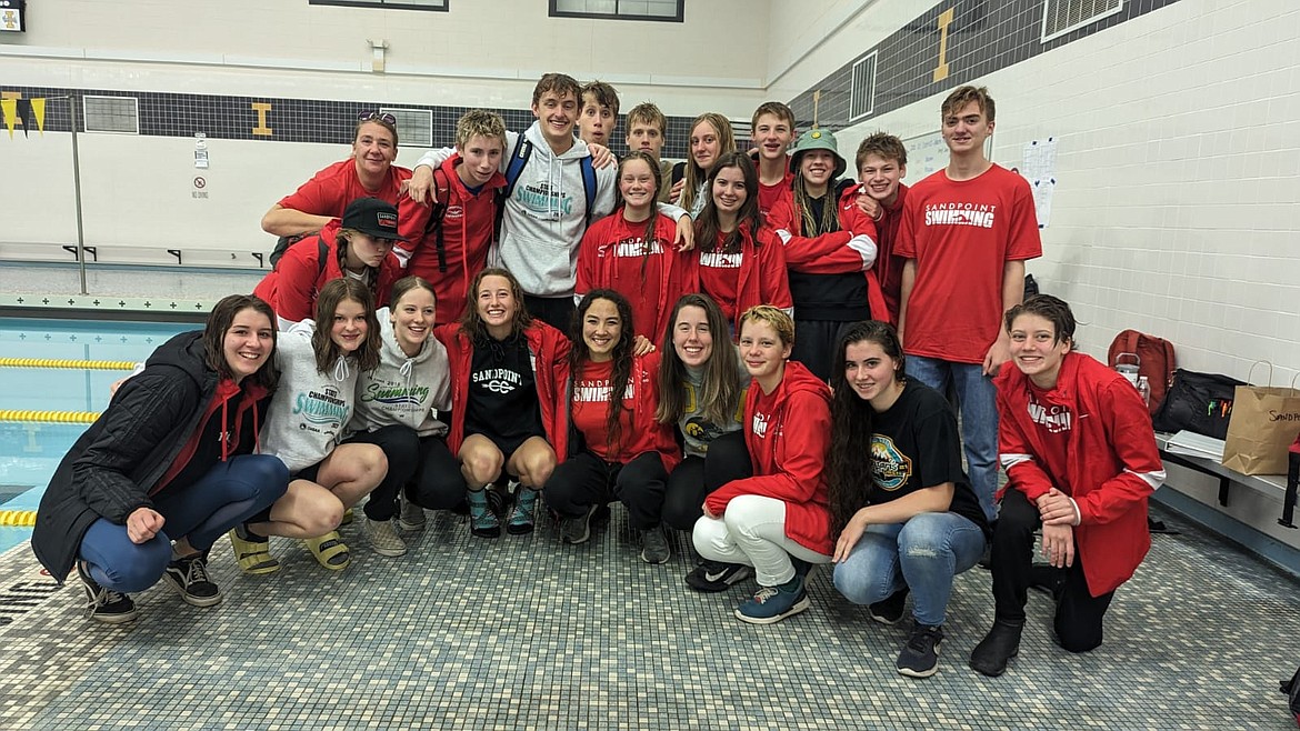 Sandpoint High School boys and girls swim team pose for a photo at the West Valley YMCA and Boise Aquatic Center for the Idaho High School Swimming 4A State Championships. The girls placed third and boys claimed fifth overall.