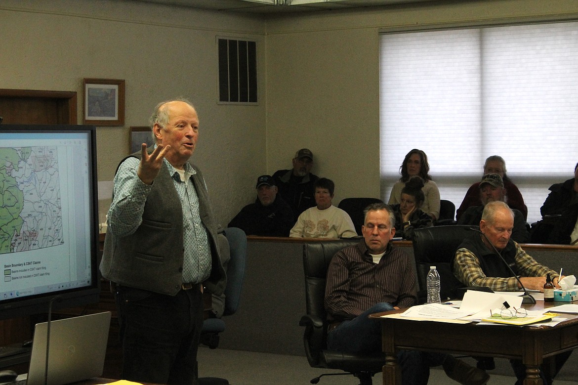 Wally Congdon left speaks about the CSKT water compact to Sanders County commissioners and the public on Nov. 3, in the Sanders County Commission room.