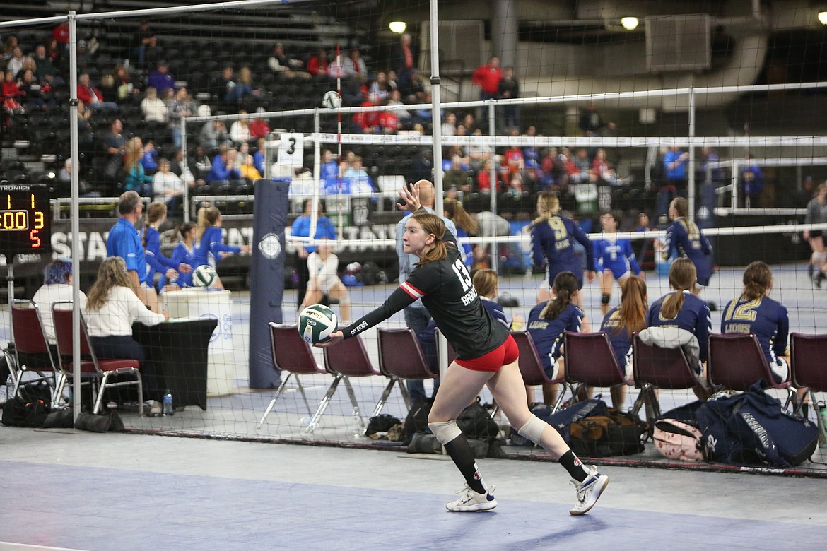 Lind-Ritzville senior Taylor Galbreath serves the ball in the Broncos’ opening-round state tournament win over Goldendale.