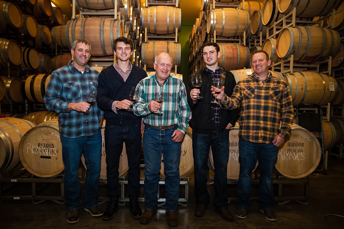 Inside the Rivaura Winery (from left) Reece Hewett, founder; Lane Hewett, winemaker (Reece's son); Ronald Hewett Sr., founder (Reece and Ron Jr.'s father, Lane and Vince's grandfather); Vince Hewett, winemaker (Ron Jr.'s son); and Ron Hewett Jr., founder.