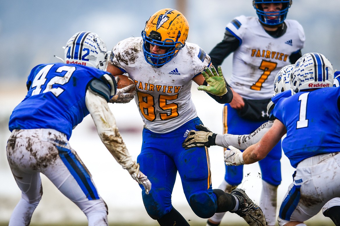 Fairview running back Hunter Sharbono (85) looks for room to run against Mission in the second quarter at St. Ignatius High School on Saturday, Nov. 12. (Casey Kreider/Daily Inter Lake)