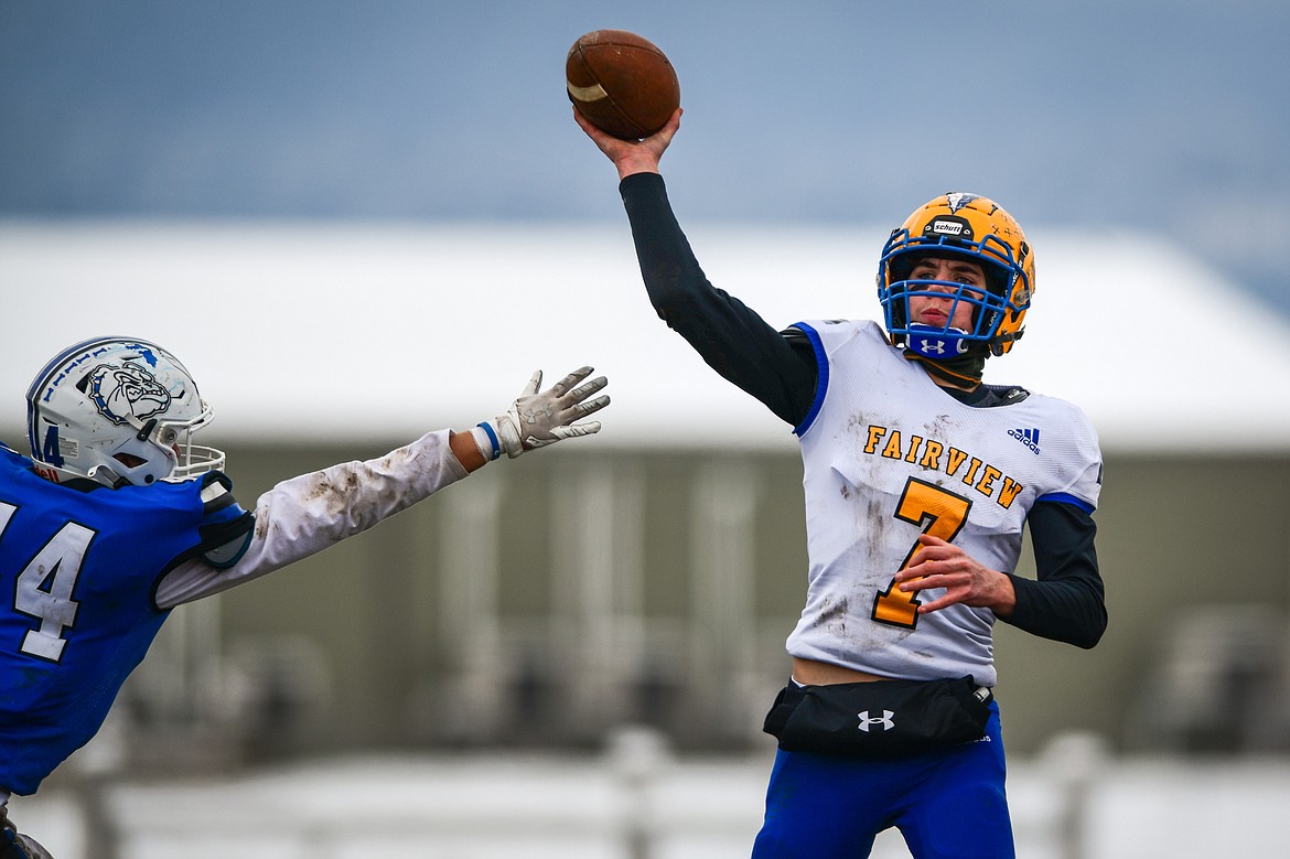 Fairview quarterback Jeff Tjelde (7) throws in the second quarter against Mission at St. Ignatius High School on Saturday, Nov. 12. (Casey Kreider/Daily Inter Lake)