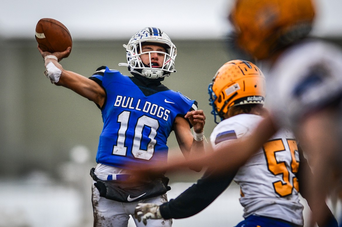 Mission quarterback Kellen McClure (10) passes in the fourth quarter against Fairview at St. Ignatius High School on Saturday, Nov. 12. (Casey Kreider/Daily Inter Lake)