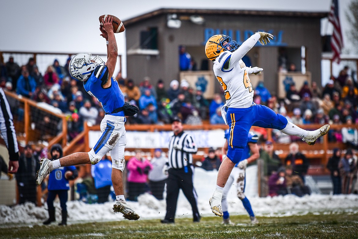 Mission wide receiver Iyezk Umphrey (7) holds on to a touchdown reception in the first quarter against Fairview at St. Ignatius High School on Saturday, Nov. 12. (Casey Kreider/Daily Inter Lake)