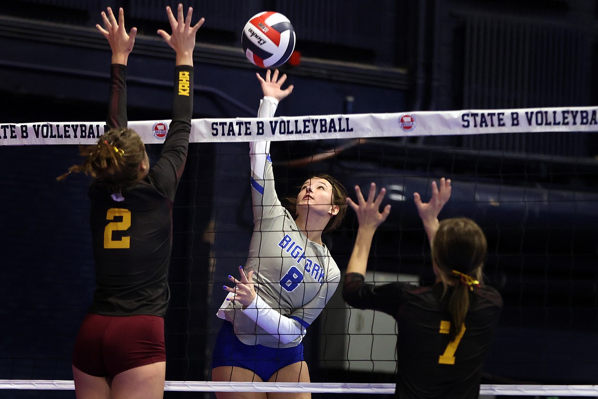 Bigfork’s Zoey Albert attacks the ball against Choteau at the All Class State Volleyball Tournament in Bozeman on Friday, Nov. 11. (Jeremy Weber/Daily Inter Lake)