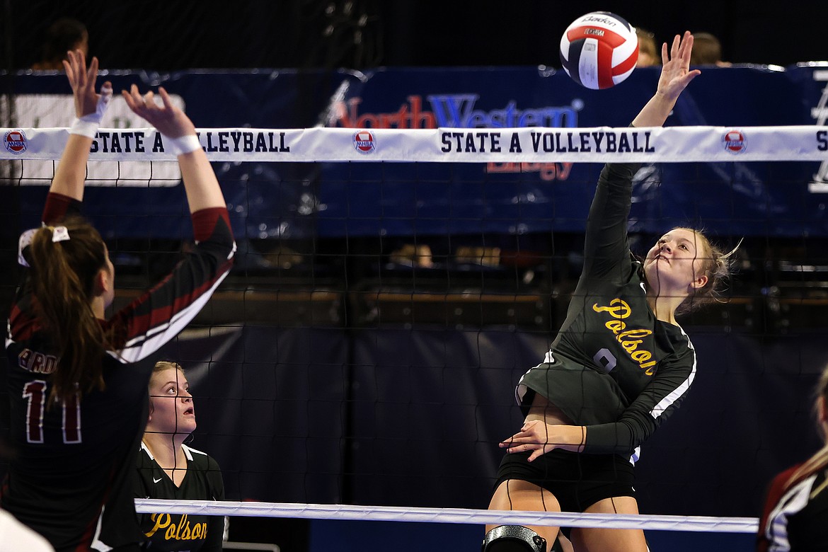 Polson’s Clara Todd goes up for a kill as the Lady Pirates defeated Hamilton at the All Class State Volleyball Tournament in Bozeman on Friday, Nov. 11. (Jeremy Weber/Daily Inter Lake)