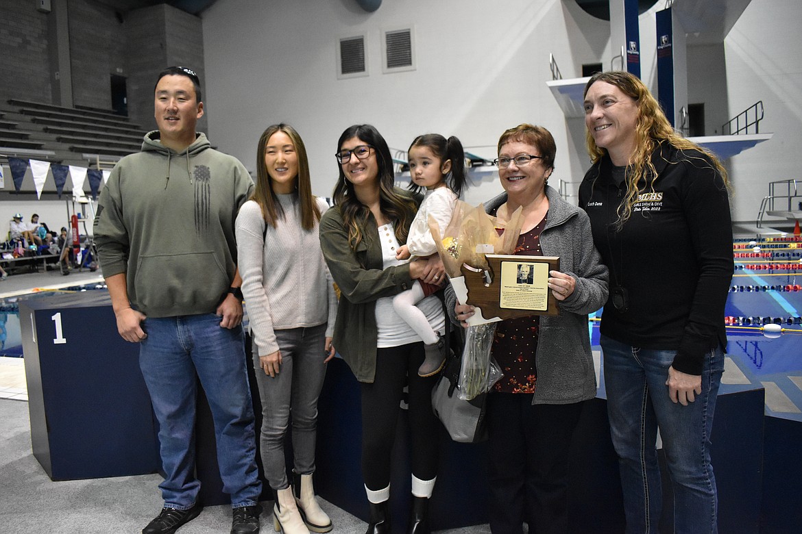 Members of Tony St. Onge’s family were present to accept the plaque for his induction into the Washington Interscholastic Aquatics Coaches Association Saturday. From left to right, Tyler St. Onge, Joanne St. Onge-Neal, Tenecia Chavez, Mila St. Onge, Jill St. Onge and Dena Pugh.