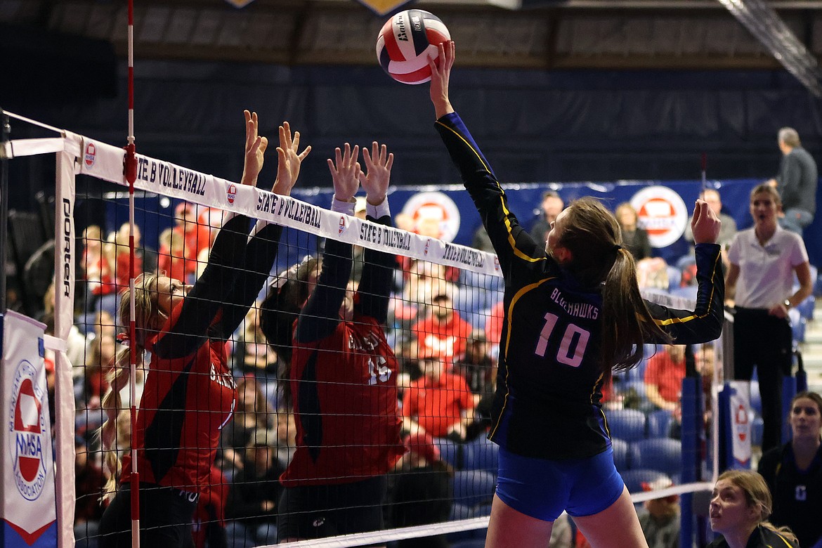 Ellie Baxter sends the ball over the net for Thompson Falls as the Lady Blue Hawks defeated Glasgow at the State Volleyball Tournament in Bozeman Friday morning, Nov. 11. (Jeremy Weber/Daily Inter Lake)