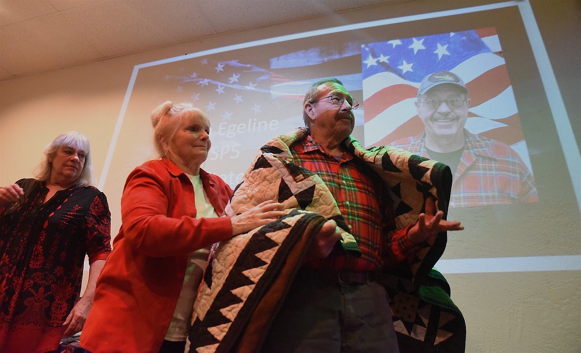 Ron Egeline, who served his country in the U.S. Army, enjoyed receiving his Quilt of Valor from the Kootenai Valley Quilt Guild on Friday, Nov. 11, at the VFW Harper Erdman Post 1548. (Scott Shindledecker/The Western News)