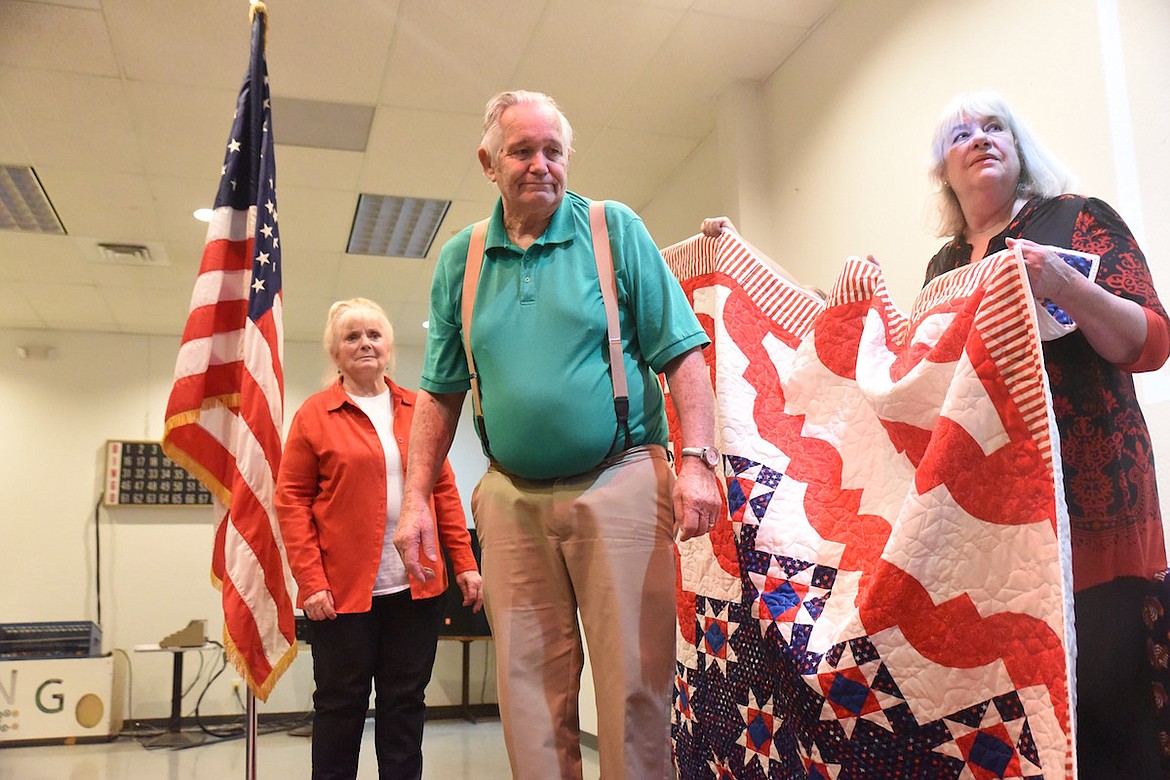 Ron Rhodes, who served his country in the U.S. Coast Guard, prepares to receive his Quilt of Valor from the Kootenai Valley Quilt Guild on Friday, Nov. 11, at the VFW Harper Erdman Post 1548. (Scott Shindledecker/The Western News)