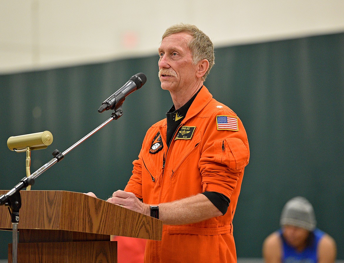 Retired U.S. Navy commander Aldo Kuntz speaks at the Whitefish High School Veterans Day Celebration event on Thursday, Nov. 10. (Whitney England/Whitefish Pilot)