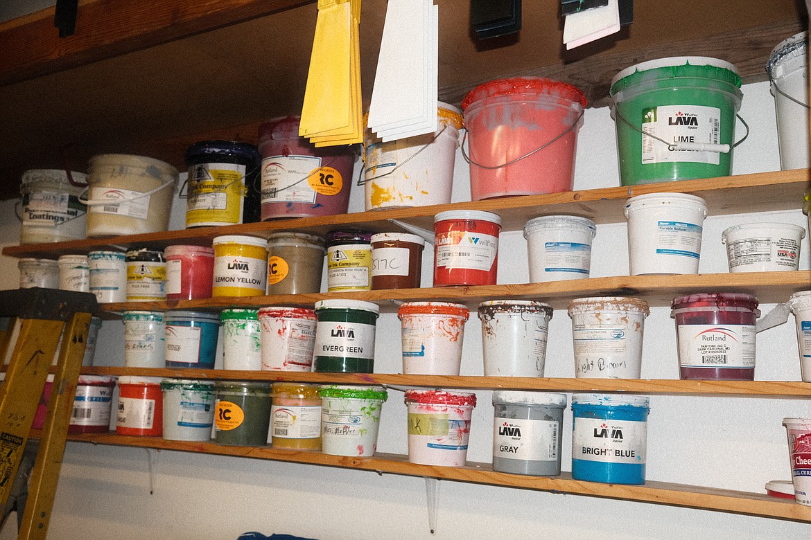 Some of the ink used at Shirt Shack Screenprinting in Evergreen Montana. (Adrian Knowler/Daily Inter Lake)