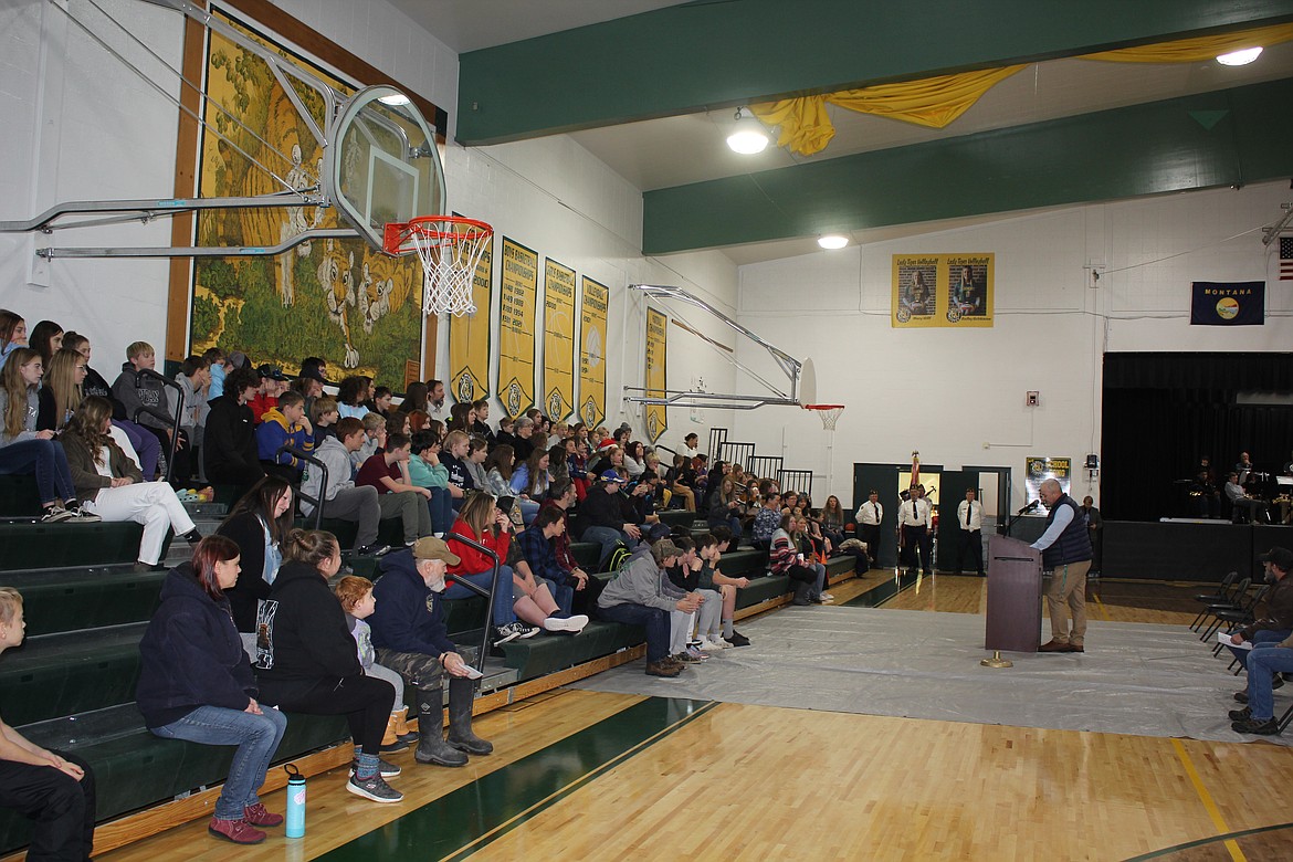 People gather at the St. Regis gym for a Veterans Day assembly. (Monte Turner/Mineral Independent)