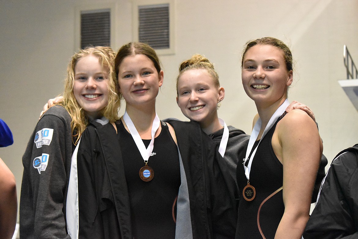 The 200 freestyle relay saw a 3rd-place finish with a time of 1:40.36. The relay team consisted of, from left to right, Issabelle Parrish, Julia Heaps, Makhaela Parrish and Kathryn DuVall.