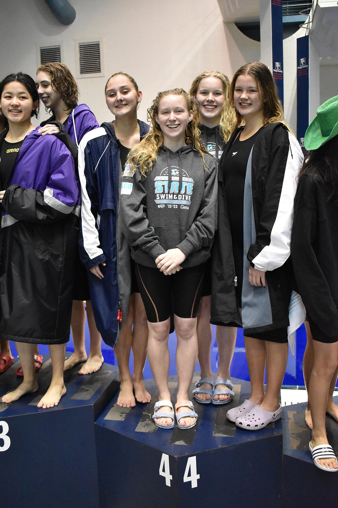 In the 400-yard freestyle relay, the team took 4th with a time of 3:41.83. The relay team was made up of, from left to right, Aniston Dana, Makhaela and Issabelle Parrish and Julia Heaps. In this relay, the team broke the school record set in 2021 by .06 of a second.