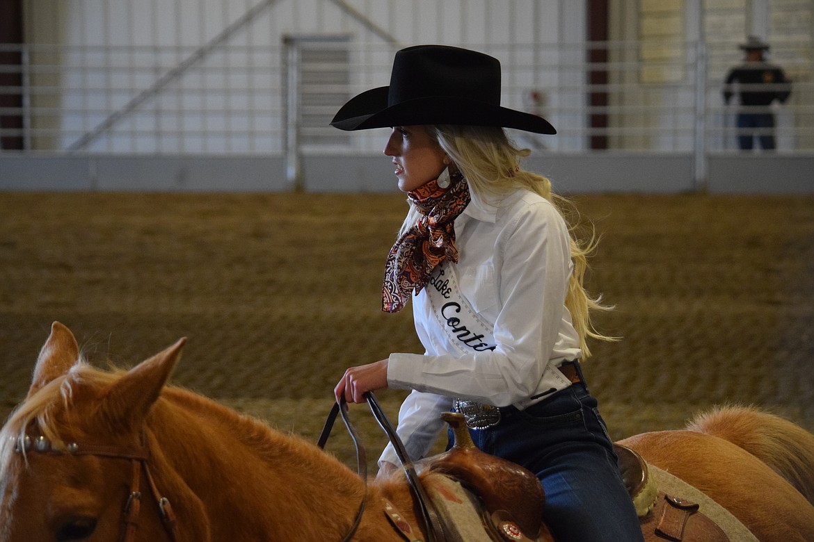 Miss Moses Lake Roundup 2023 Annabelle Booth during the horsemanship portion of the pageant on Saturday at the Harwood Pavillion.