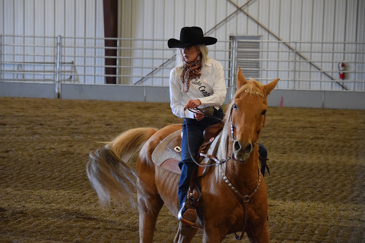 Miss Moses Lake Roundup 2023 Annabelle Booth during the horsemanship portion of the rodeo’s pageant on Saturday.