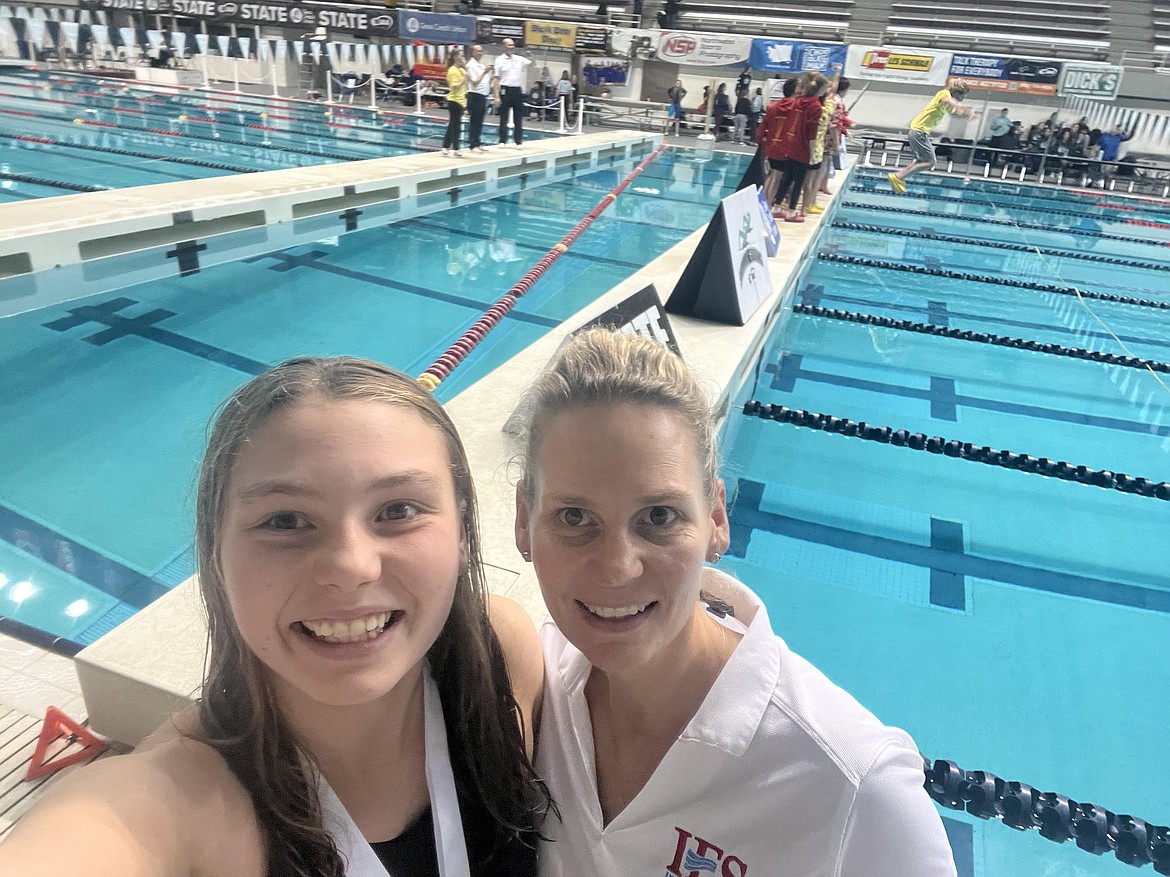 Maverick sophomore Kathryn DuVall (left) and mother Hollie DuVall (right) take a selfie at the WIAA State Swim and Dive Meet.