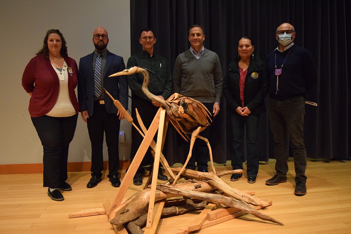 Speakers at the land acknowledgment ceremony (L-R): Stephanie Massart, Regent of the Karneetsa Chapter of the Daughters of the American Revolution; Moses Lake Mayor Don Myers; Big Bend Community College Vice President for Learning and Success Bryce Humpherys; Moses Lake School District Superintendent Monty Sabin; Confederated Tribes of the Colville Reservation Business Council Member Karen Condon and tribal member John Sirois.