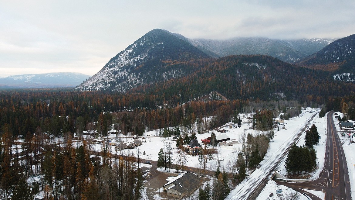 An aerial view of a snowy West Glacier. (Chris Peterson/Hungry Horse News)