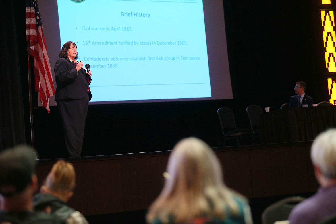 Tracy Whelan, assistant U.S. attorney and manager of the Coeur d'Alene branch of the U.S. Attorney's Office for the District of Idaho, discusses the long-lasting implications trauma and hate incidents have on people and communities during the United Against Hate forum Thursday afternoon.
