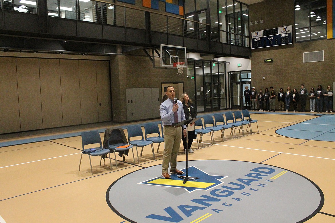 Monty Sabin makes a speech during the opening of Vanguard Academy earlier this month.