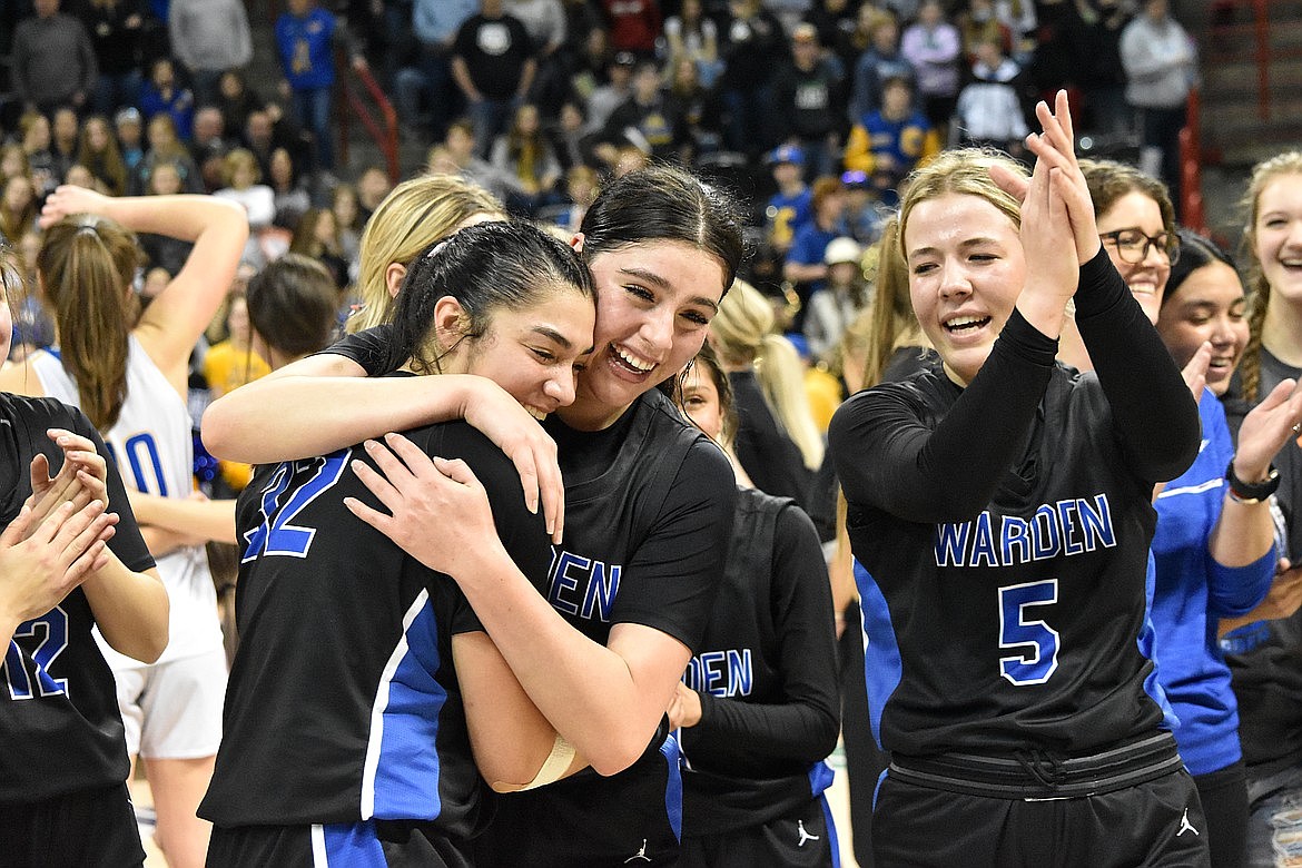 Warden graduates (left to right) Kiana Rios, Rylee McKay and Jaryn Madsen celebrate at the state championship game. Head Coach Josh Madsen said that the team will have to replace the previous senior class’s winning attitudes.