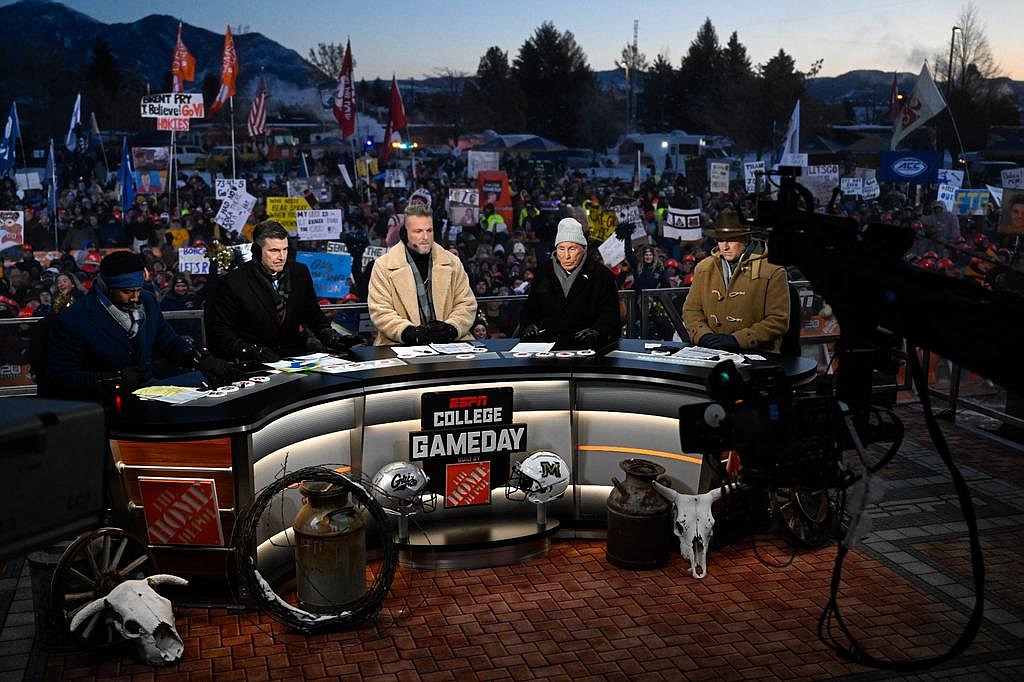 ESPN’s College GameDay broadcasts before a college football game against the Montana State Bobcats at Bobcat Stadium on November 19, 2022 in Bozeman, Montana. (Tommy Martino/UM Photo)