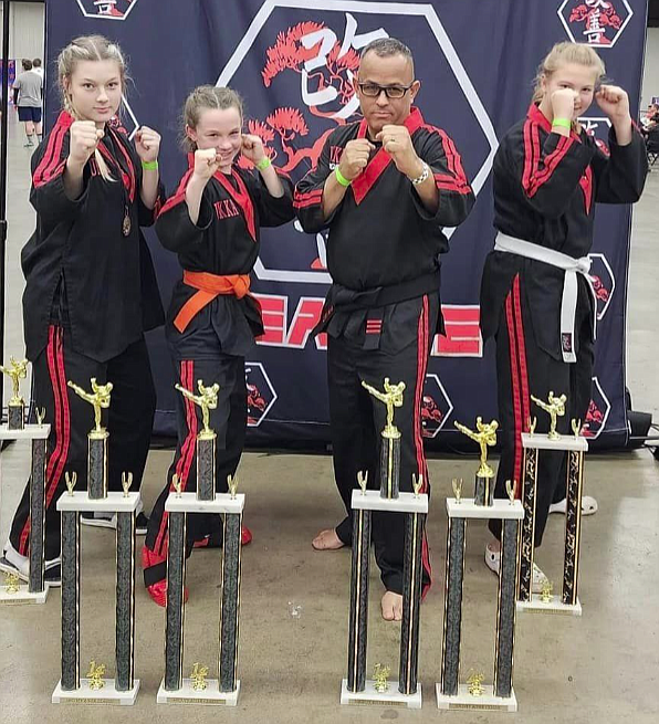 Courtesy photo
On Nov. 5, Spirit Lake residents Mike “Ziggy” Siegfried (age 58), Alannah Winland (12), Saydie Green (12) and Allilah Dykes (16) competed in the Mighty River Classic karate tournament in Portland, Ore. They were the only team representing Idaho in the tournament. The Mighty River Classic is one of the largest tournaments held in the Pacific Northwest. In total, the local team won three first-place trophies, two second-place trophies and one third-place trophy. Said Siegfried: “I am so proud of our team. They represented the state and themselves with skill, poise and professionalism.” Said Alannah: “We had to compete against much larger teams, but we have been working hard and it paid off.” Said Saydie, “This was my first competition, and I am so happy I earned a trophy. I can’t wait for the next tournament.” Said Allilah, “I had fun and learned a lot from this experience. I will train hard and do even better at our next competition.” From left are Allilah Dykes, Alannah Winland, Mike “Ziggy” Siegfried and Saydie Green.