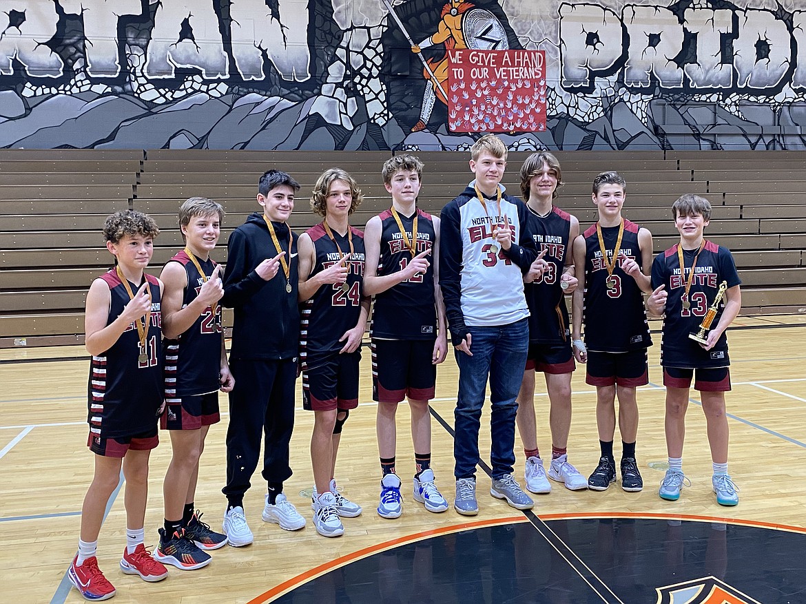 Courtesy photo
North Idaho Elite eighth grade AAU boys basketball team went 5-0 to win the recent River City Tournament in Post Falls, beating Sandpoint Future in the championship game. From left are Brett Johnson, Maddox Lindquist, Wyatt Carr, Ryan Salsbury, Peyton Hinthorne, Jordan Carlson, Marek Parson, Britton Johnston and Ben McElvany.