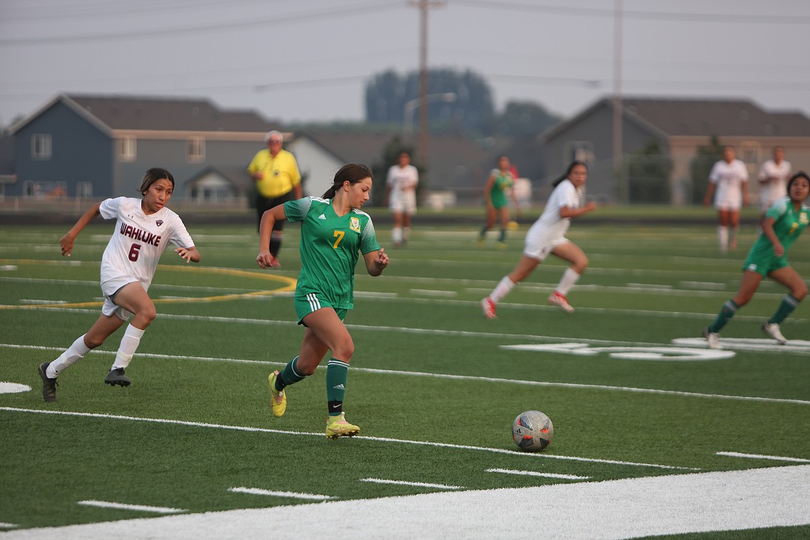 Quincy freshman forward Hayden Morris (7) was named to the Caribou Trail League’s second-team girls soccer list.