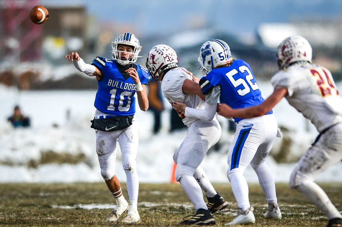 Mission quarterback Kellen McClure (10) throws a pass in the first quarter against Belt during the 8-man championship at St. Ignatius High School on Saturday, Nov. 19. (Casey Kreider/Daily Inter Lake)