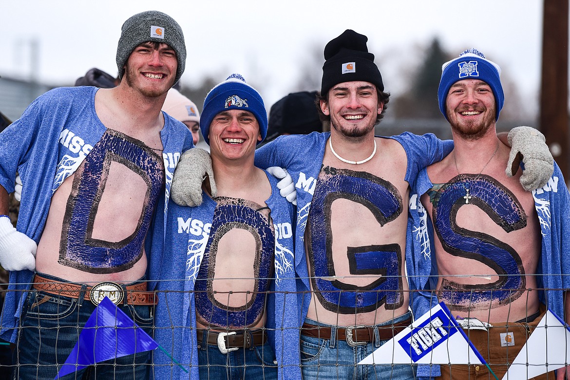 Mission fans show their support in the chilly temperatures as the Bulldogs take on Belt in the 8-man championship at St. Ignatius High School on Saturday, Nov. 19. (Casey Kreider/Daily Inter Lake)