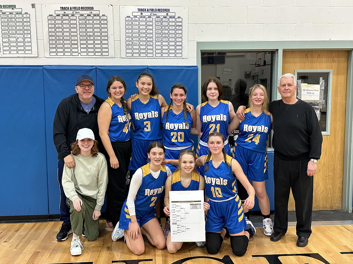 Courtesy photo
The North Idaho Christian School girls basketball team won the Helena Christian Turkey Shootout in Helena, Mont., on Nov. 19, beating Montana state champion Great Falls Christian in the title game and finishing 4-0. In the front row from left are Jennifer Peterson, Madison Salaiz and Danica Kelly; and back row from left, coach Ryan Overturf, Lindsay Overturf, Yesi Pilgrim, Chelsey Cate, Symone Pilgrim, Mae Overall, Belle Sanwald and coach Jerry Bittner.