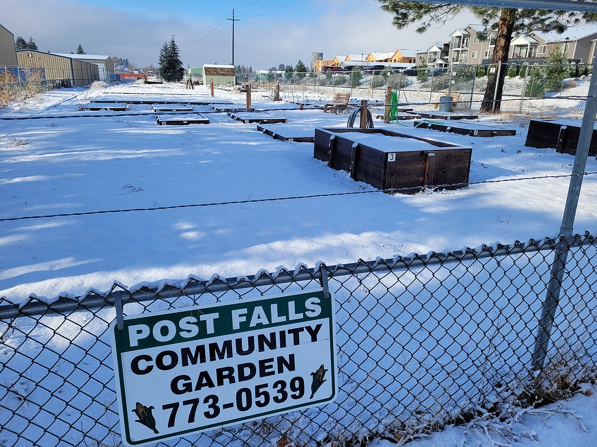 The Post Falls Community Garden, seen here under fresh snow Wednesday morning, will be renamed the Rick Noordam Community Garden in honor of the late Post Falls Parks and Recreation board chair who died in 2019. Noordam and his wife, Nancy, were instrumental in bringing a community garden to Post Falls.