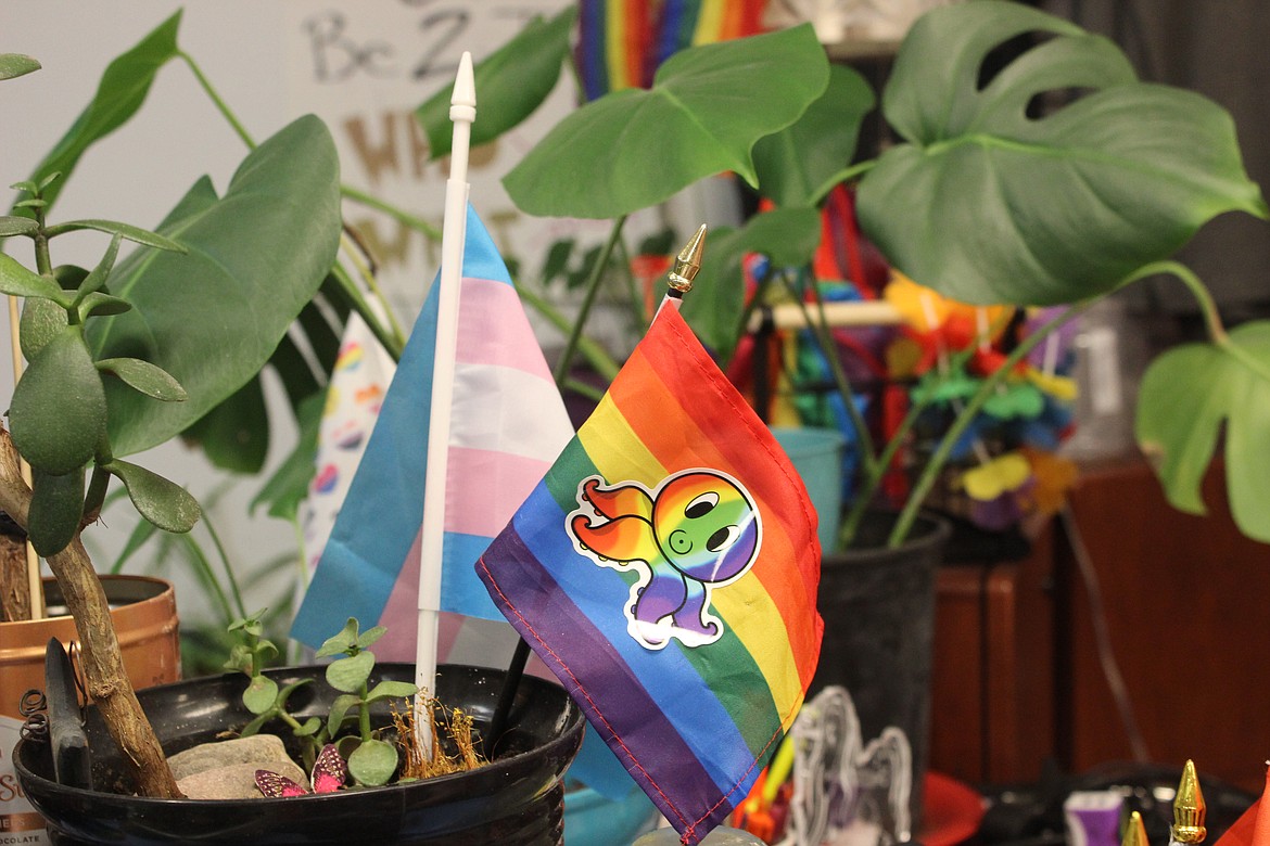 LGBTQ pride flags are arrayed in the office of the Glacier Queer Alliance in Kalispell. The group is rethinking security following the mass shooting at Club Q in Colorado Springs, Colorado. (Taylor Inman/Daily Inter Lake)