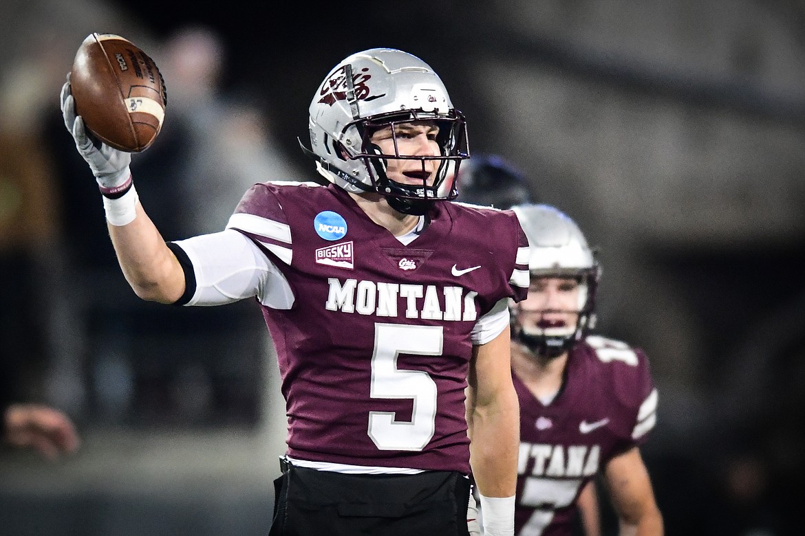 Grizzlies safety Garrett Graves (5) holds up the football after intercepting a pass in the fourth quarter of an FCS playoff game against Southeast Missouri State at Washington-Grizzly Stadium on Saturday, Nov. 26. (Casey Kreider/Daily Inter Lake)