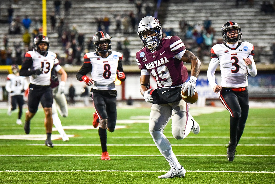 Grizzlies kick returner Malik Flowers (19) returns a kickoff 80 yards for a touchdown in the third quarter of an FCS playoff game against Southeast Missouri State at Washington-Grizzly Stadium on Saturday, Nov. 26. (Casey Kreider/Daily Inter Lake)