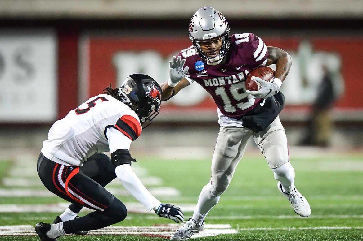 Grizzlies wide receiver Malik Flowers (19) picks up yardage after a reception in the second quarter of an FCS playoff game against Southeast Missouri State at Washington-Grizzly Stadium on Saturday, Nov. 26. (Casey Kreider/Daily Inter Lake)