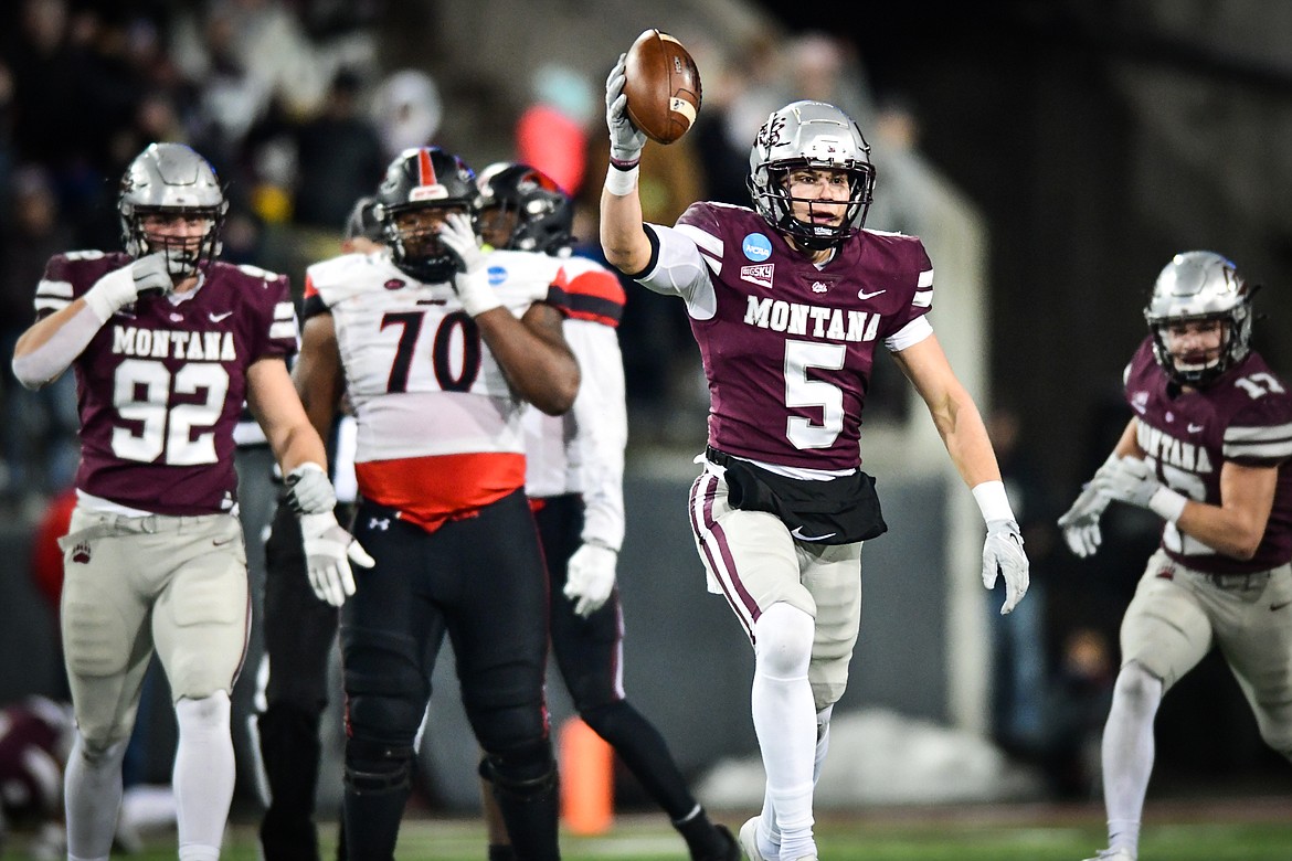 Grizzlies safety Garrett Graves (5) holds up the football after intercepting a pass in the fourth quarter of an FCS playoff game against Southeast Missouri State at Washington-Grizzly Stadium on Saturday, Nov. 26. (Casey Kreider/Daily Inter Lake)