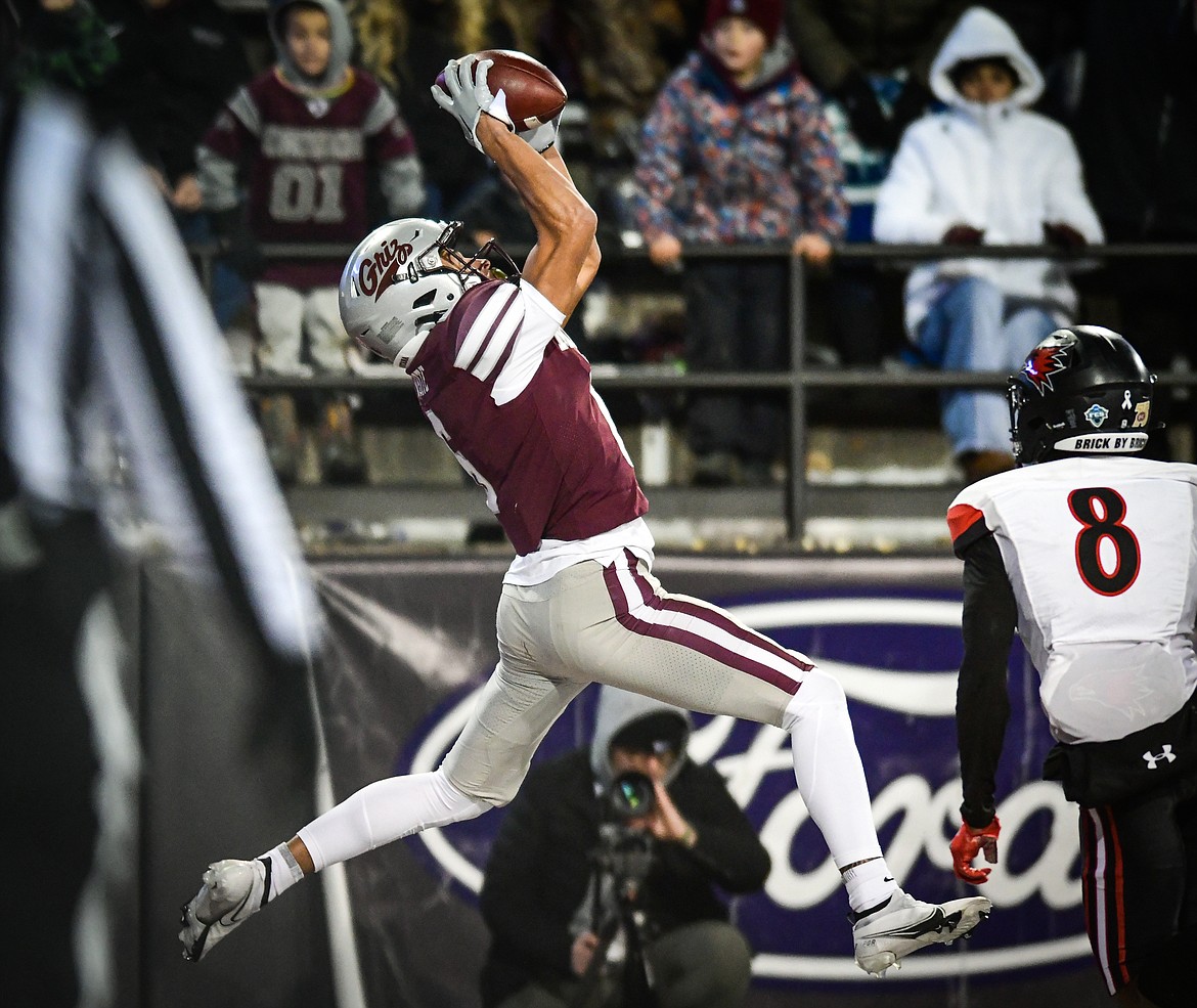 Grizzlies wide receiver Keelan White (6) hangs on to a 17-yard touchdown reception in the third quarter  of an FCS playoff game against Southeast Missouri State at Washington-Grizzly Stadium on Saturday, Nov. 26. (Casey Kreider/Daily Inter Lake)