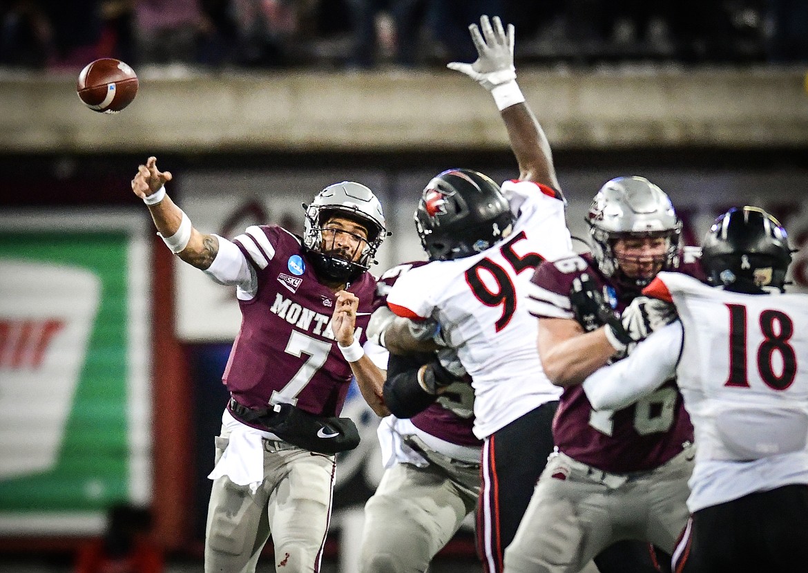 Grizzlies quarterback Lucas Johnson (7) throws in the second quarter of an FCS playoff game against Southeast Missouri State at Washington-Grizzly Stadium on Saturday, Nov. 26. (Casey Kreider/Daily Inter Lake)