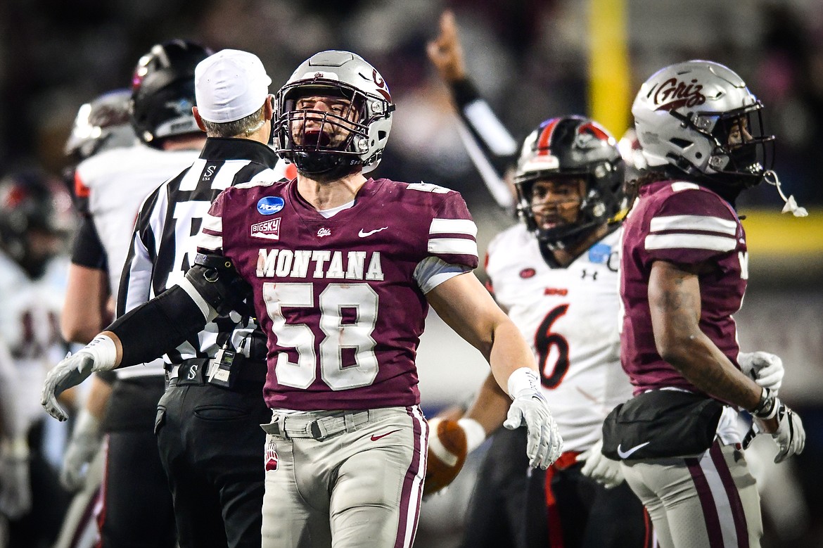 Grizzlies linebacker Patrick O'Connell (58) celebrates after stopping a run in the third quarter of an FCS playoff game against Southeast Missouri State at Washington-Grizzly Stadium on Saturday, Nov. 26. (Casey Kreider/Daily Inter Lake)