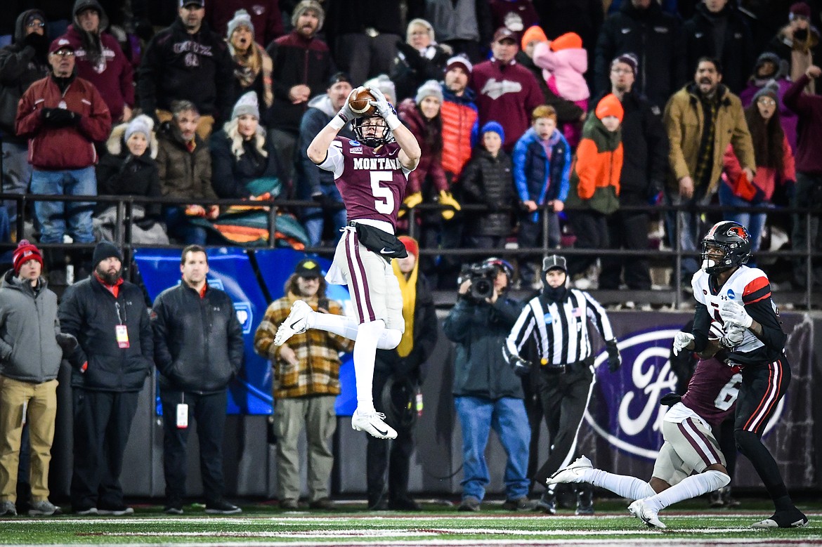 Grizzlies safety Garrett Graves (5) intercepts a pass in the fourth quarter of an FCS playoff game against Southeast Missouri State at Washington-Grizzly Stadium on Saturday, Nov. 26. (Casey Kreider/Daily Inter Lake)