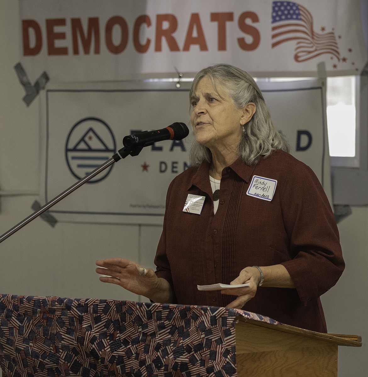 Mindy Ferrell, chair of the Sanders County Democrats, speaks at an event in Plains last week. (Tracy Scott/Valley Press)