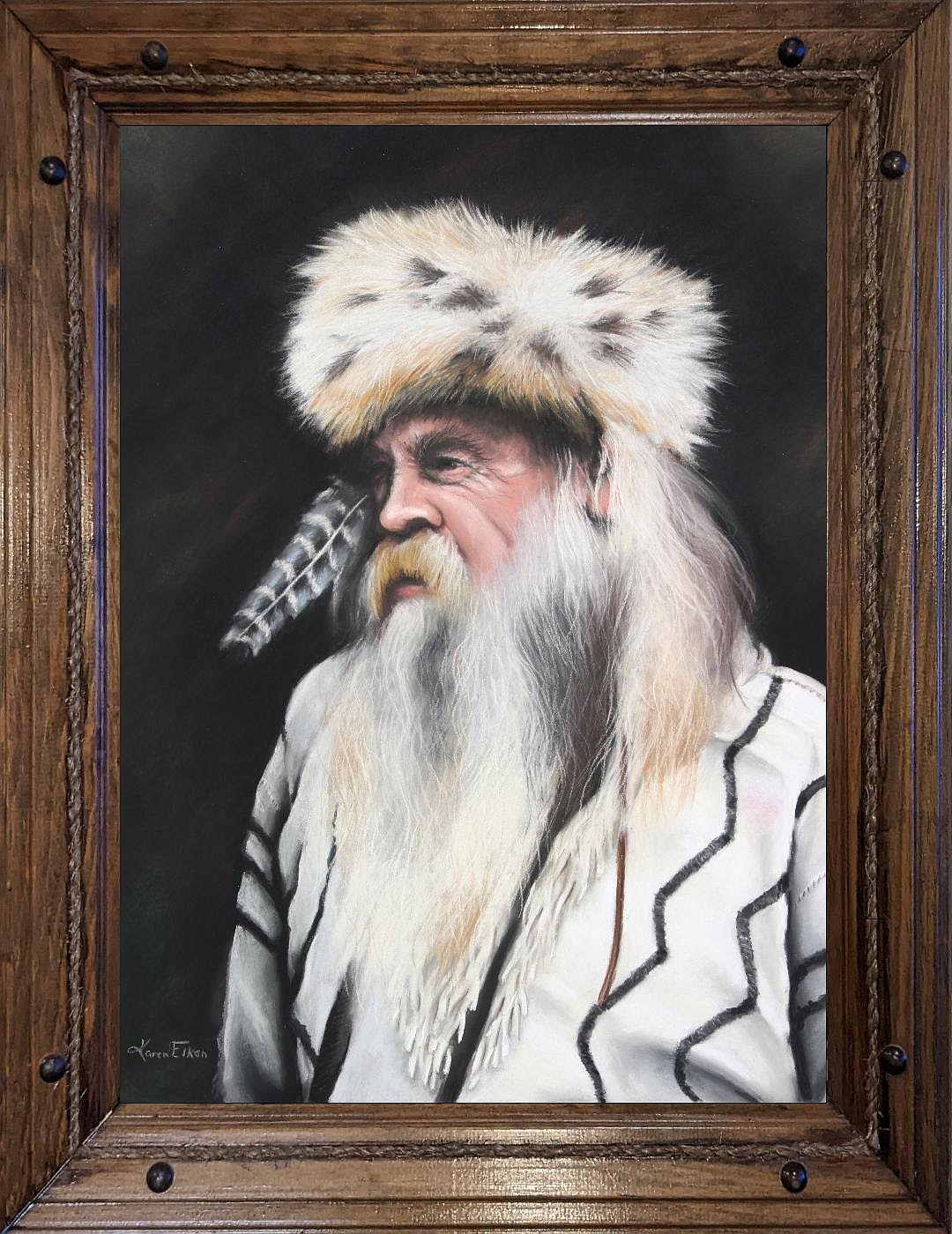 An oil painting portrait of an Old West character by Karen Franqui Elkan on display at the Phillips Studio & Gallery in Kalispell.