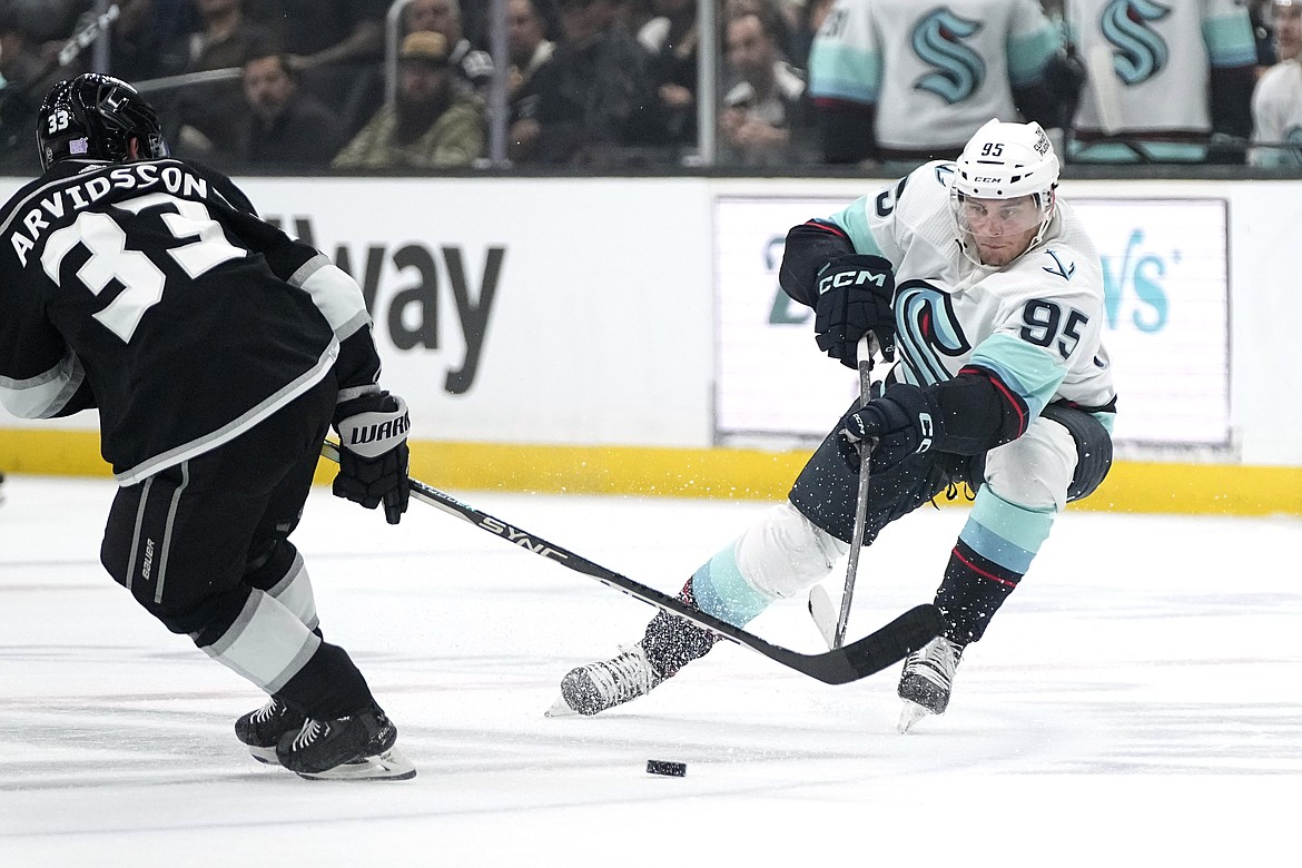 Ryan Donato of the Seattle Kraken scores the game-winning shootout