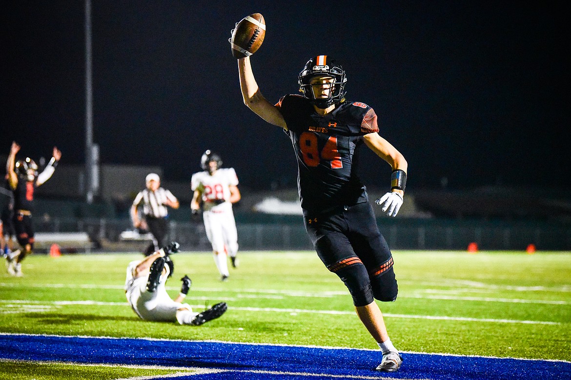 Flathead tight end Gabe Sims (84) scores a touchdown on a reception in the third quarter against Missoula Hellgate at Legends Stadium on Friday, Sept. 23. (Casey Kreider/Daily Inter Lake)