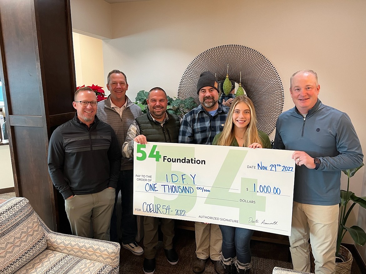 The 54Foundation donated $1,000 to Idaho Drug Free Youth (IDFY) earlier this week. The 54Foundation is the parent organization for the yearly Coeur54 Golf Tournament. Funds will provide the Idaho Drug Free Youth Chapter program to schools for free. The drug education program focuses on enhancing students' soft skills while creating community leaders. The program typically costs a one-time fee of $200 per school. With these funds, five Kootenai County schools will receive the program for free. This allows the schools to provide a high quality education to students while not having the burden of raising funds for the program. Pictured, from left: Ryan Deschryver, Chris Vincent, Scott Kramer, Dustin Ainsworth, IDFY rep Grace Wilkowski and Tim Skelton.